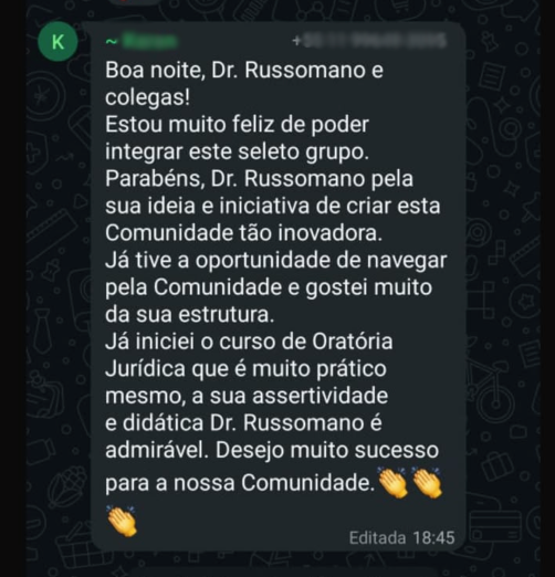 Mensagem de um membro da Comunidade Russomano elogiando o curso de Oratória Jurídica